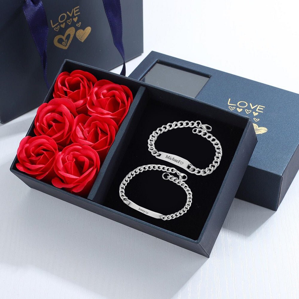 Personalized Engraved Couple Bracelet - W/Rose Box - Dazzle Wears